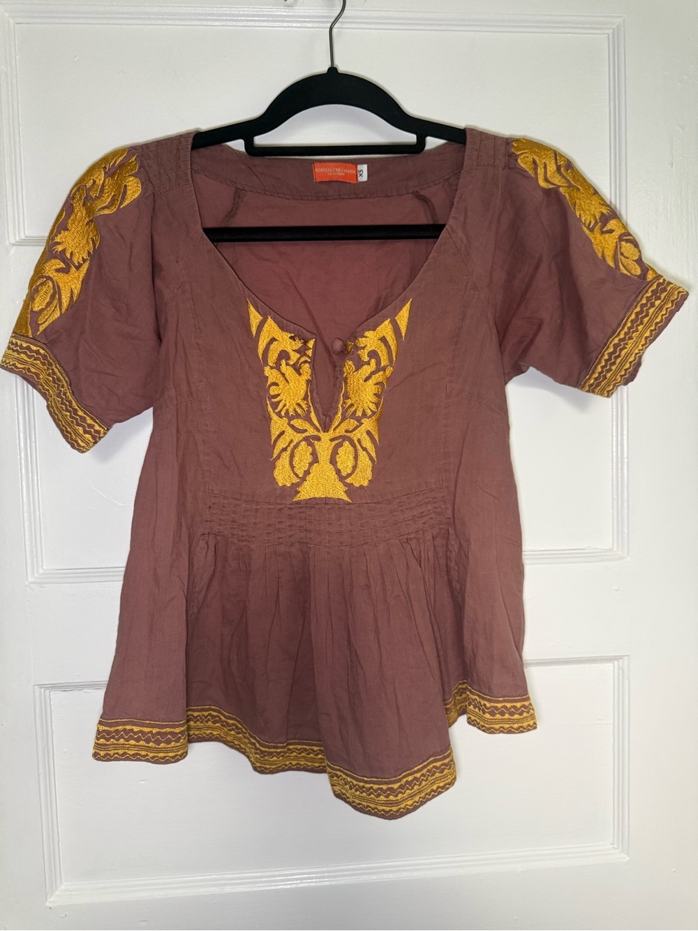 Roberta Freymann Anthropologie Mauve Embroidered Peasant Smocked Babydoll Blouse